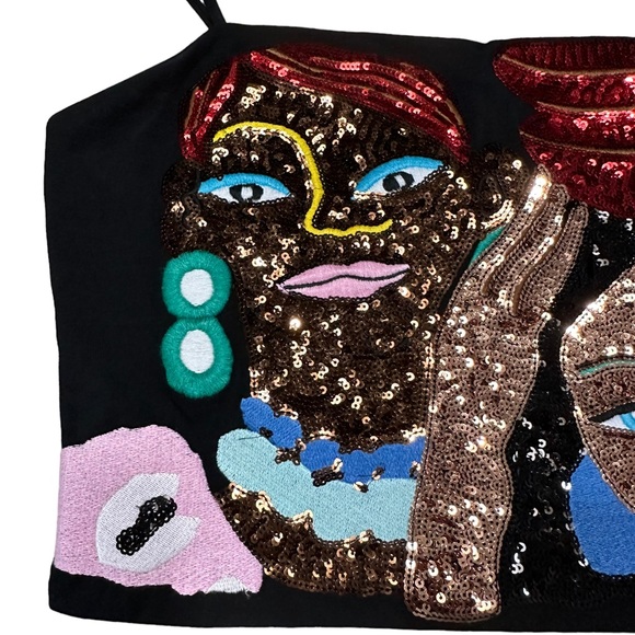 Zara Colorful Sequined Women’s Faces Spaghetti Straps Crop Top - Picture 2 of 8